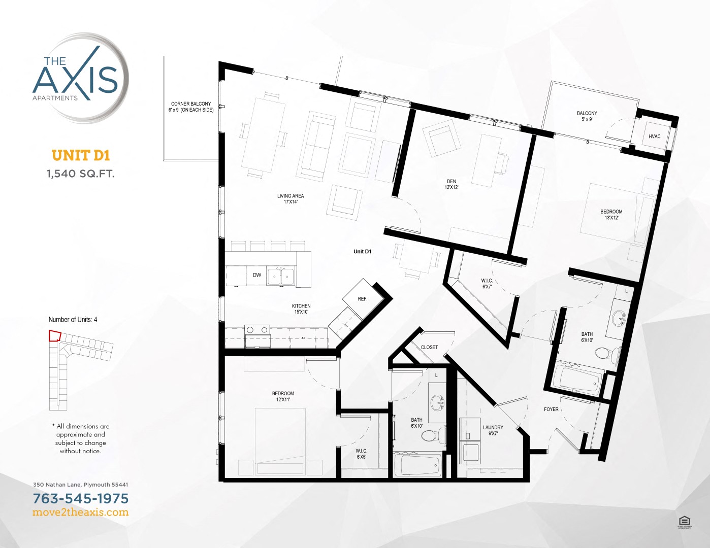 Floor plan for 2 beds, 2 baths, 1540 sqft